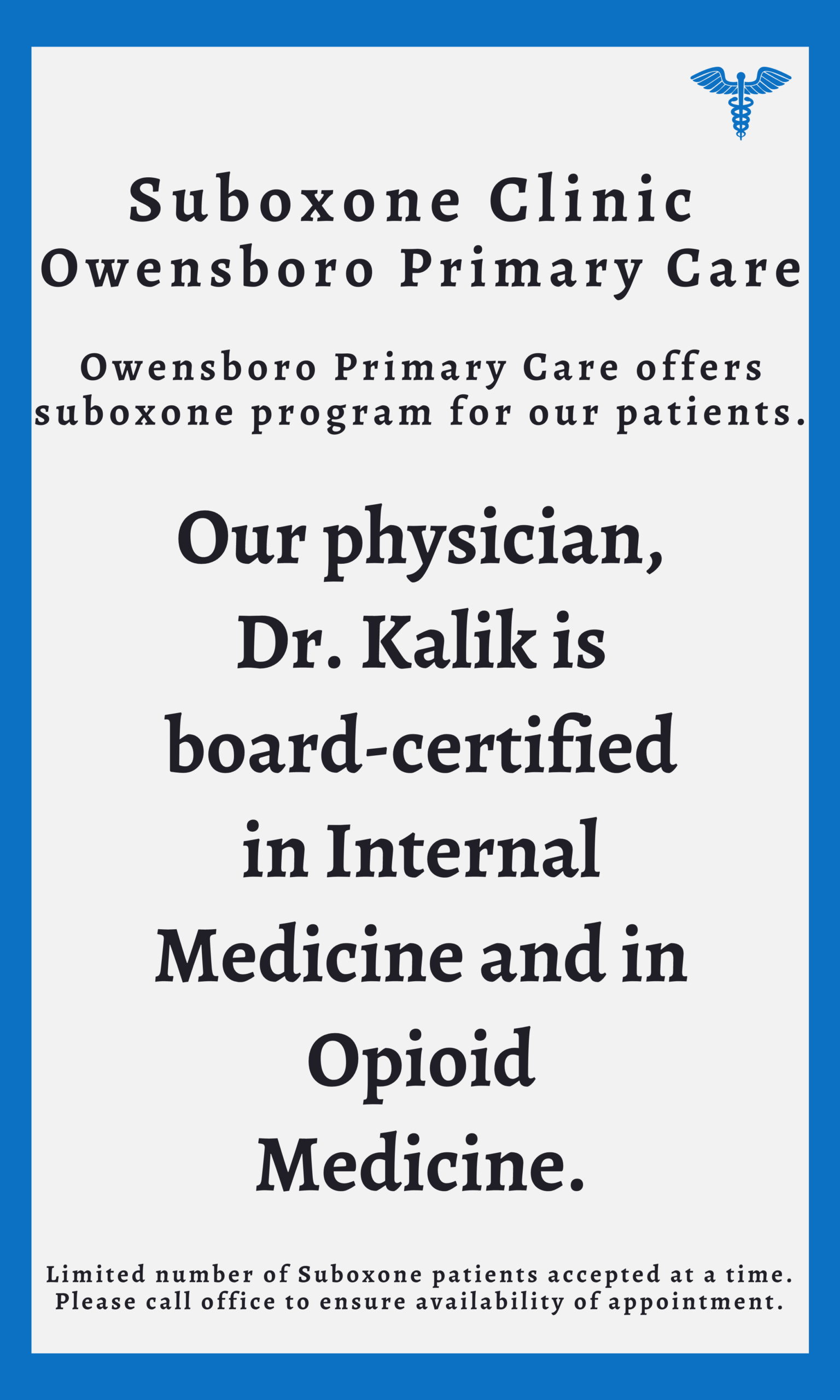 Dr. Aseedu Kalik is board-certified in Internal Medicine and in Opioid Medicine.